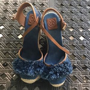 Tory Burch denim wedges with fringe size 10